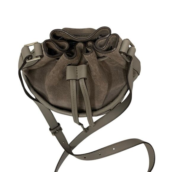 Welden Leather Bucket Bag Gray Crossbody Purse Geometric Weave Drawstring Medium - Picture 7 of 11